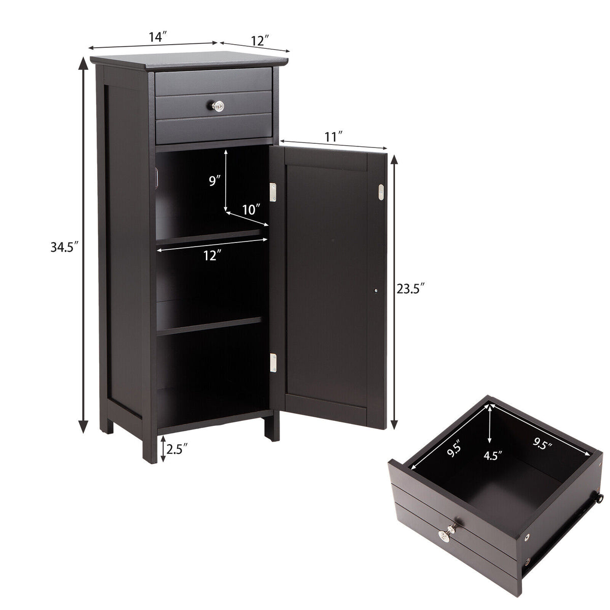 Wooden Bathroom Floor Storage Cabinet with Drawer - Brown-Floor Cabinets-DECOROLALA