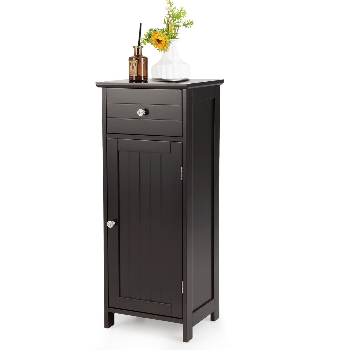 Wooden Bathroom Floor Storage Cabinet with Drawer - Brown-Floor Cabinets-DECOROLALA
