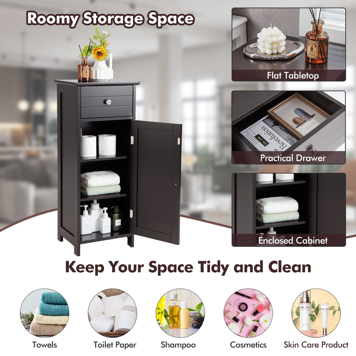 Wooden Bathroom Floor Storage Cabinet with Drawer - Brown-Floor Cabinets-DECOROLALA