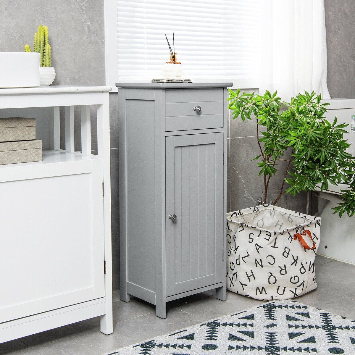 Wooden Bathroom Floor Storage Cabinet with Drawer - Gray-Floor Cabinets-DECOROLALA