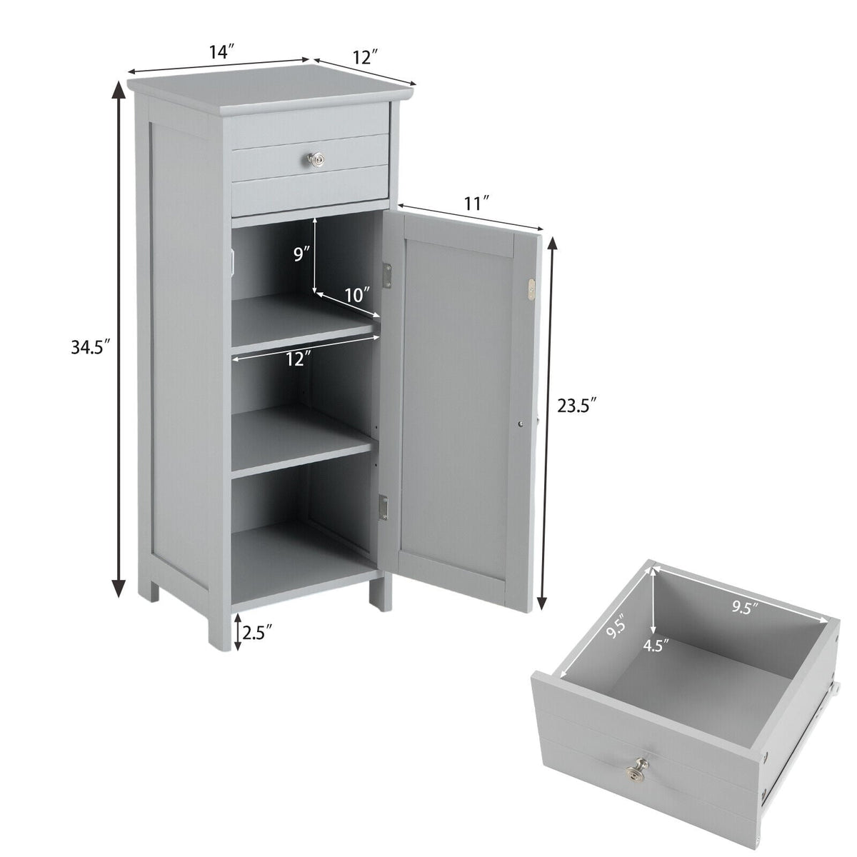 Wooden Bathroom Floor Storage Cabinet with Drawer - Gray-Floor Cabinets-DECOROLALA