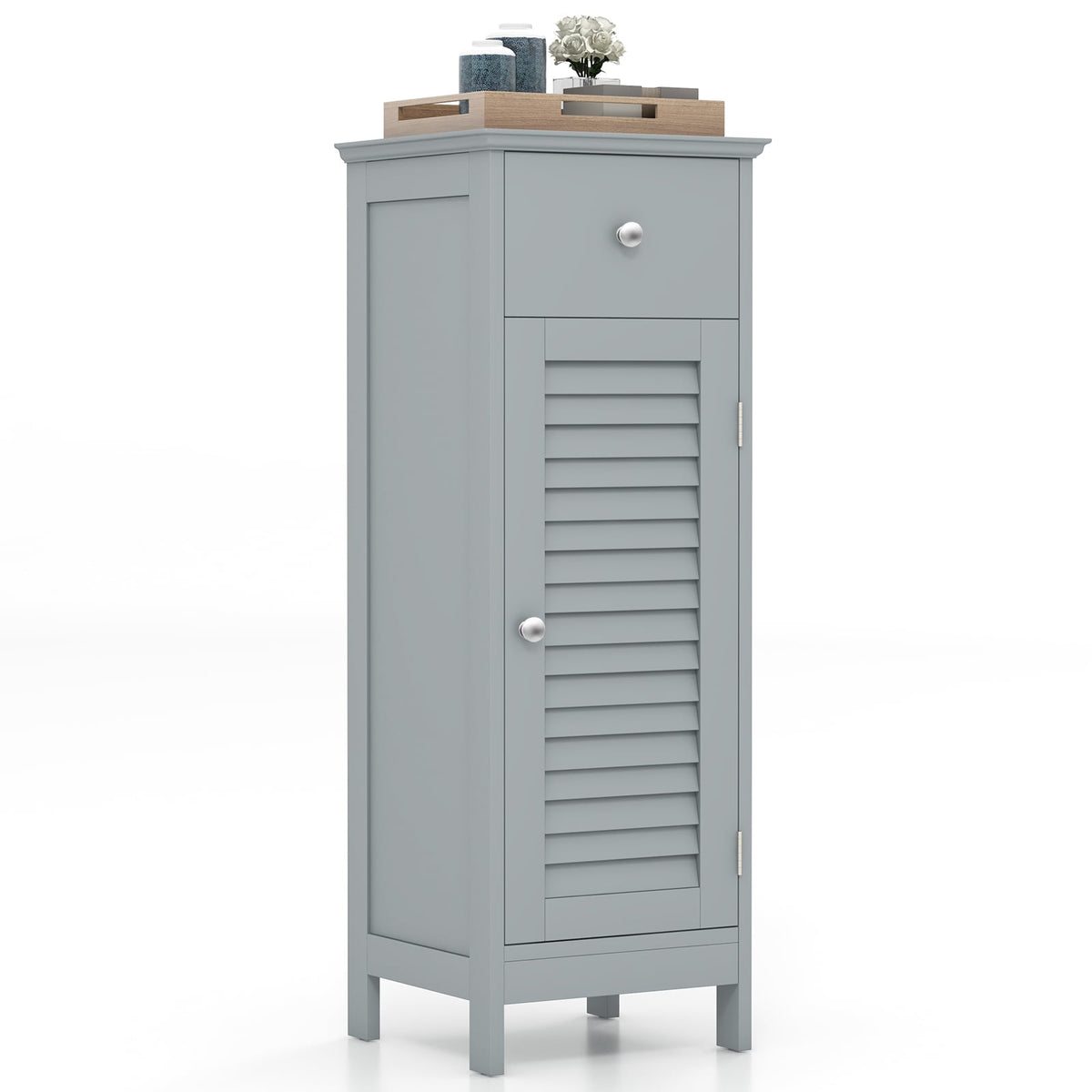 Wooden Bathroom Floor Storage Cabinet with Drawer - Gray-Floor Cabinets-DECOROLALA