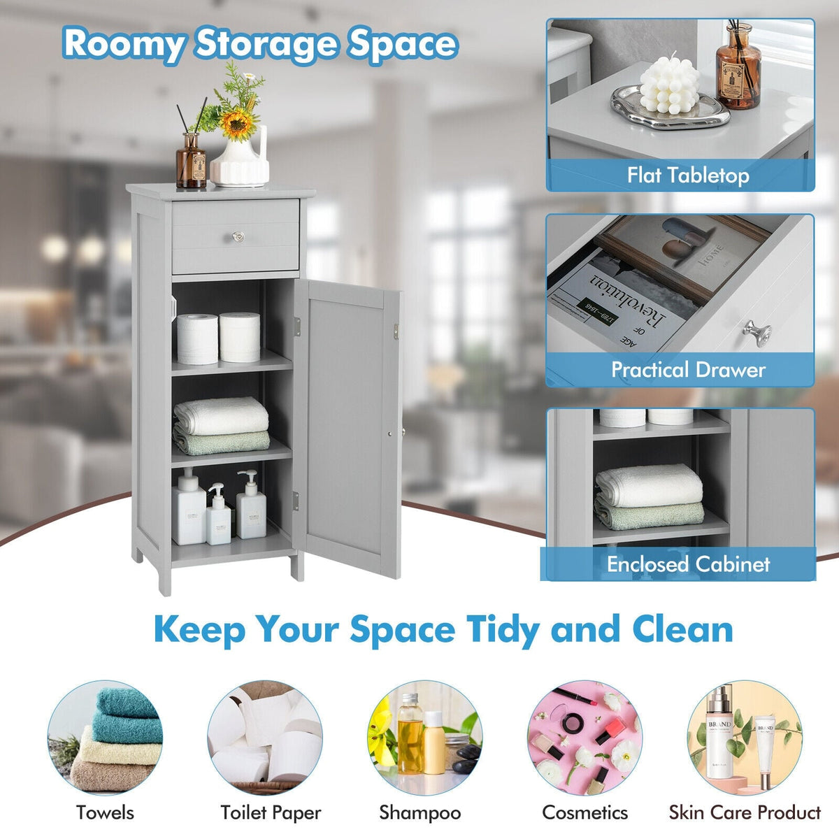 Wooden Bathroom Floor Storage Cabinet with Drawer - Gray-Floor Cabinets-DECOROLALA