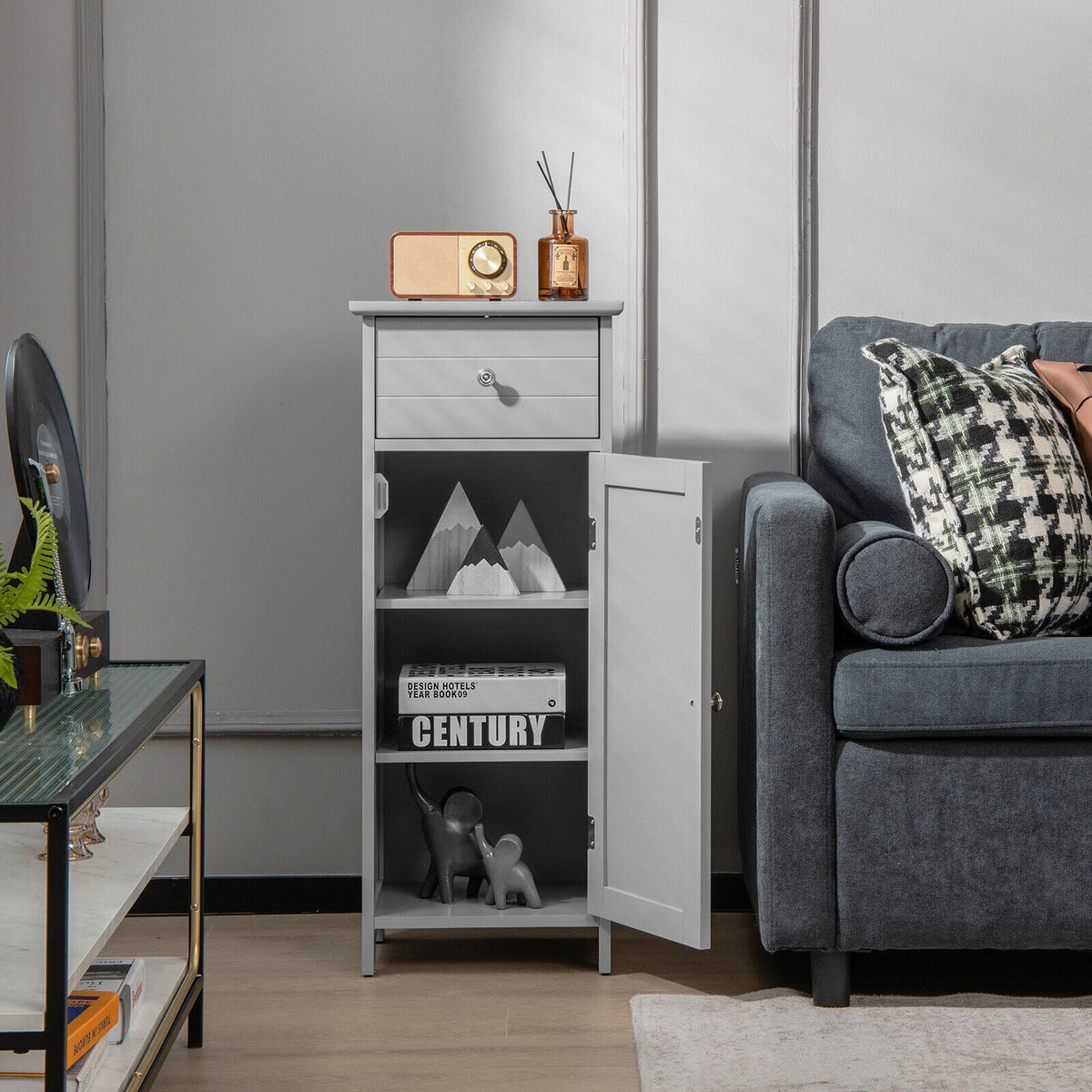 Wooden Bathroom Floor Storage Cabinet with Drawer - Gray-Floor Cabinets-DECOROLALA