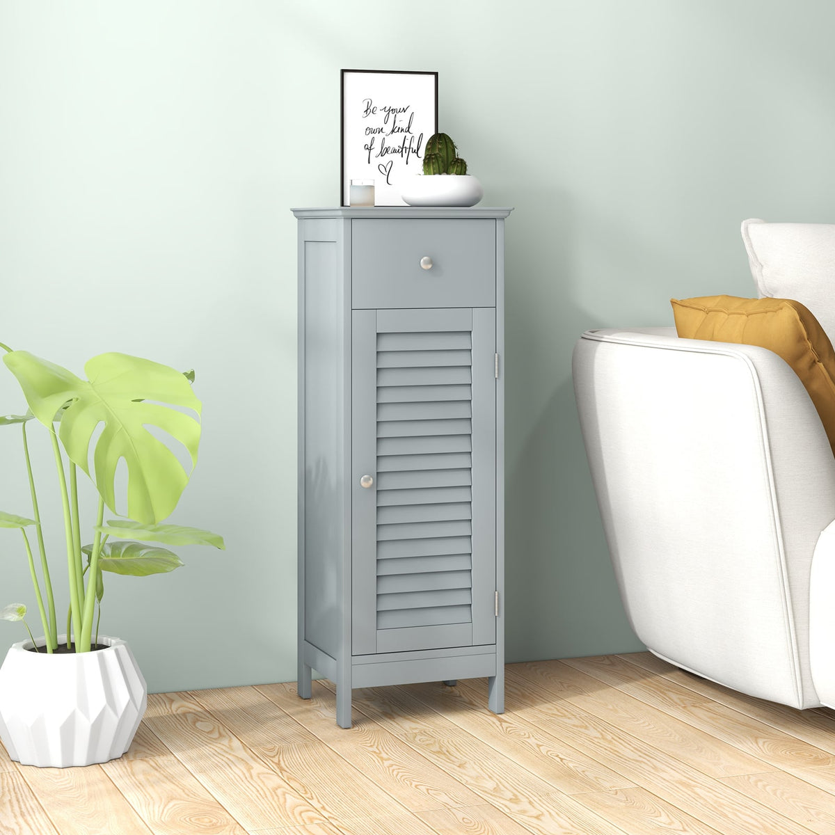 Wooden Bathroom Floor Storage Cabinet with Drawer - Gray-Floor Cabinets-DECOROLALA