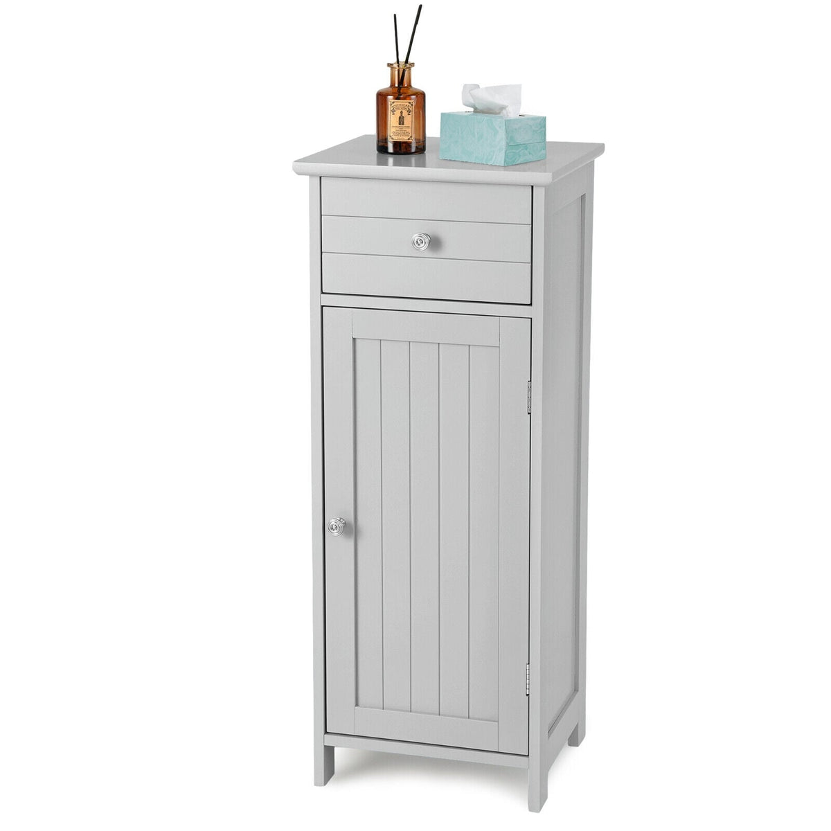 Wooden Bathroom Floor Storage Cabinet with Drawer - Gray-Floor Cabinets-DECOROLALA