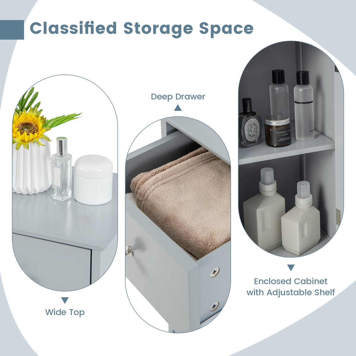 Wooden Bathroom Floor Storage Cabinet with Drawer - Gray-Floor Cabinets-DECOROLALA