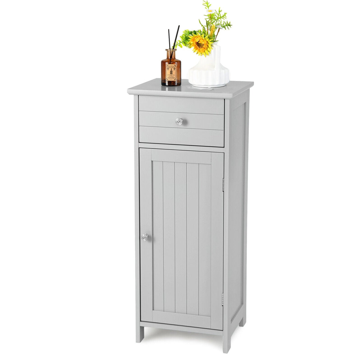 Wooden Bathroom Floor Storage Cabinet with Drawer - Gray-Floor Cabinets-DECOROLALA