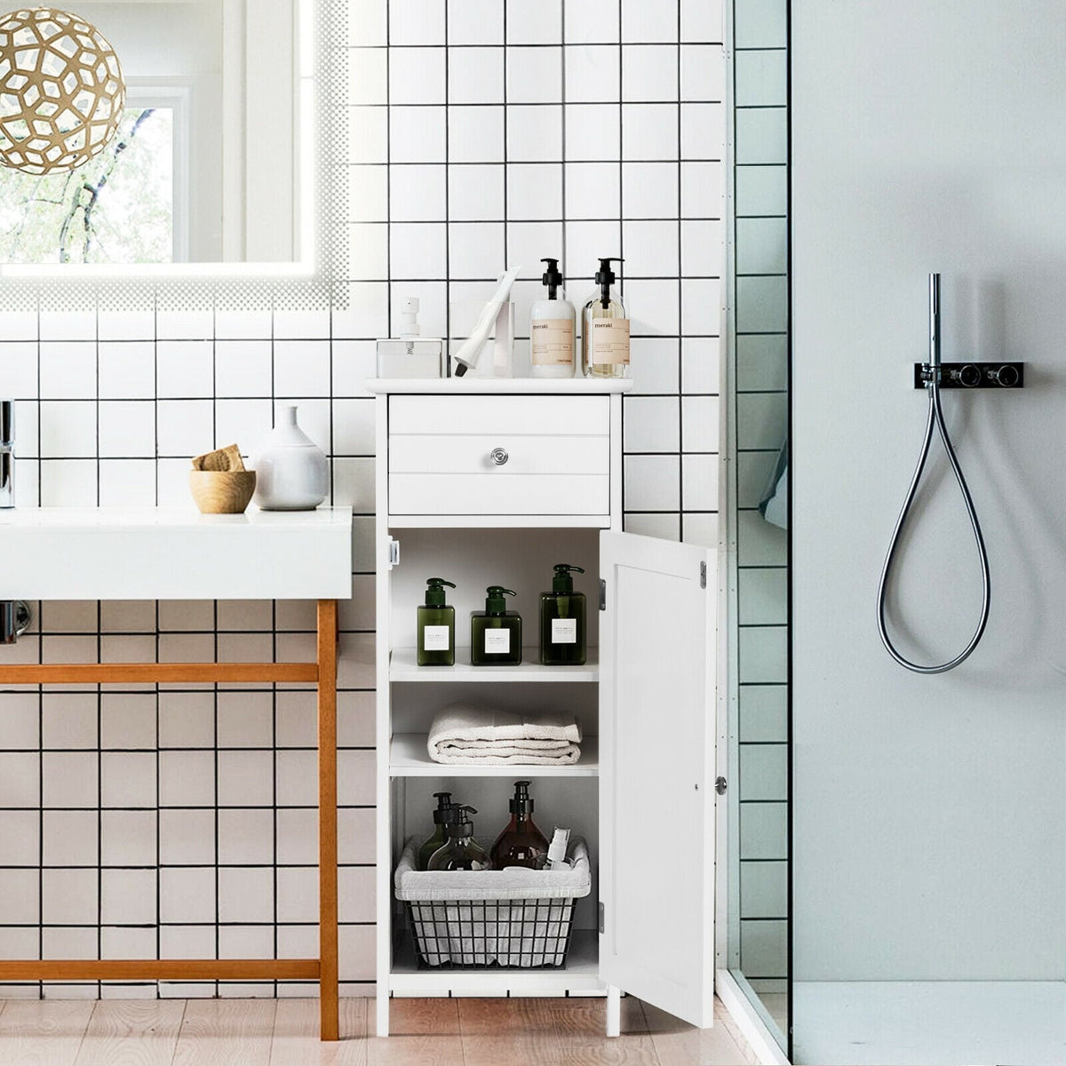 Wooden Bathroom Floor Storage Cabinet with Drawer and Shelf-White-Floor Cabinets-DECOROLALA