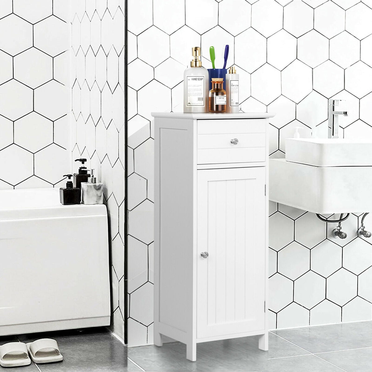 Wooden Bathroom Floor Storage Cabinet with Drawer and Shelf-White-Floor Cabinets-DECOROLALA