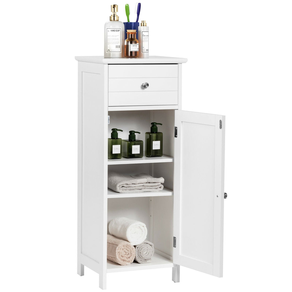 Wooden Bathroom Floor Storage Cabinet with Drawer and Shelf-White-Floor Cabinets-DECOROLALA