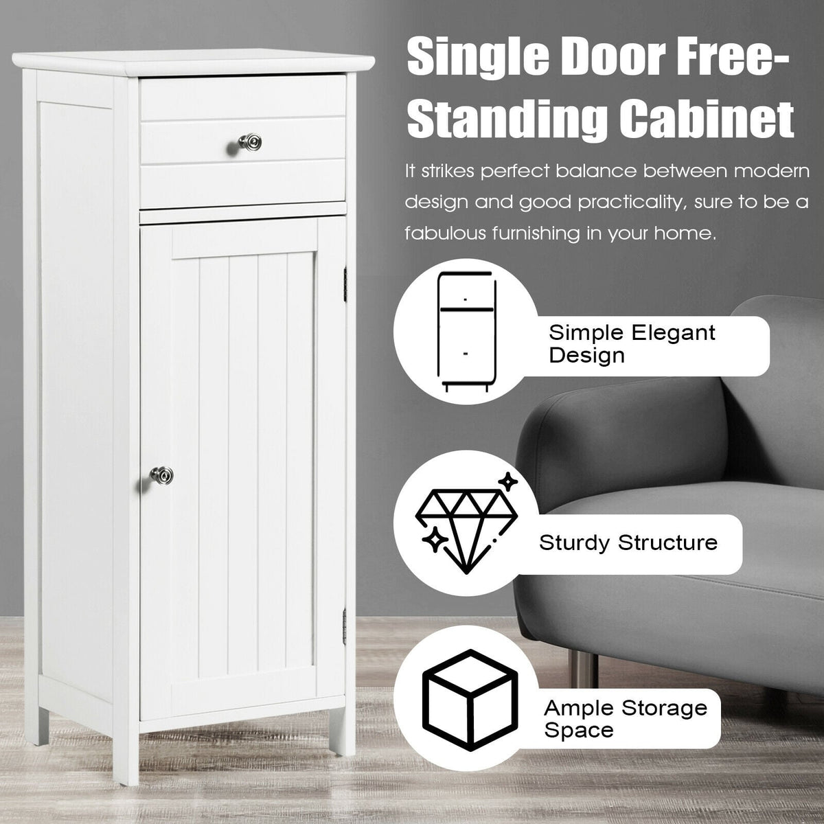 Wooden Bathroom Floor Storage Cabinet with Drawer and Shelf-White-Floor Cabinets-DECOROLALA