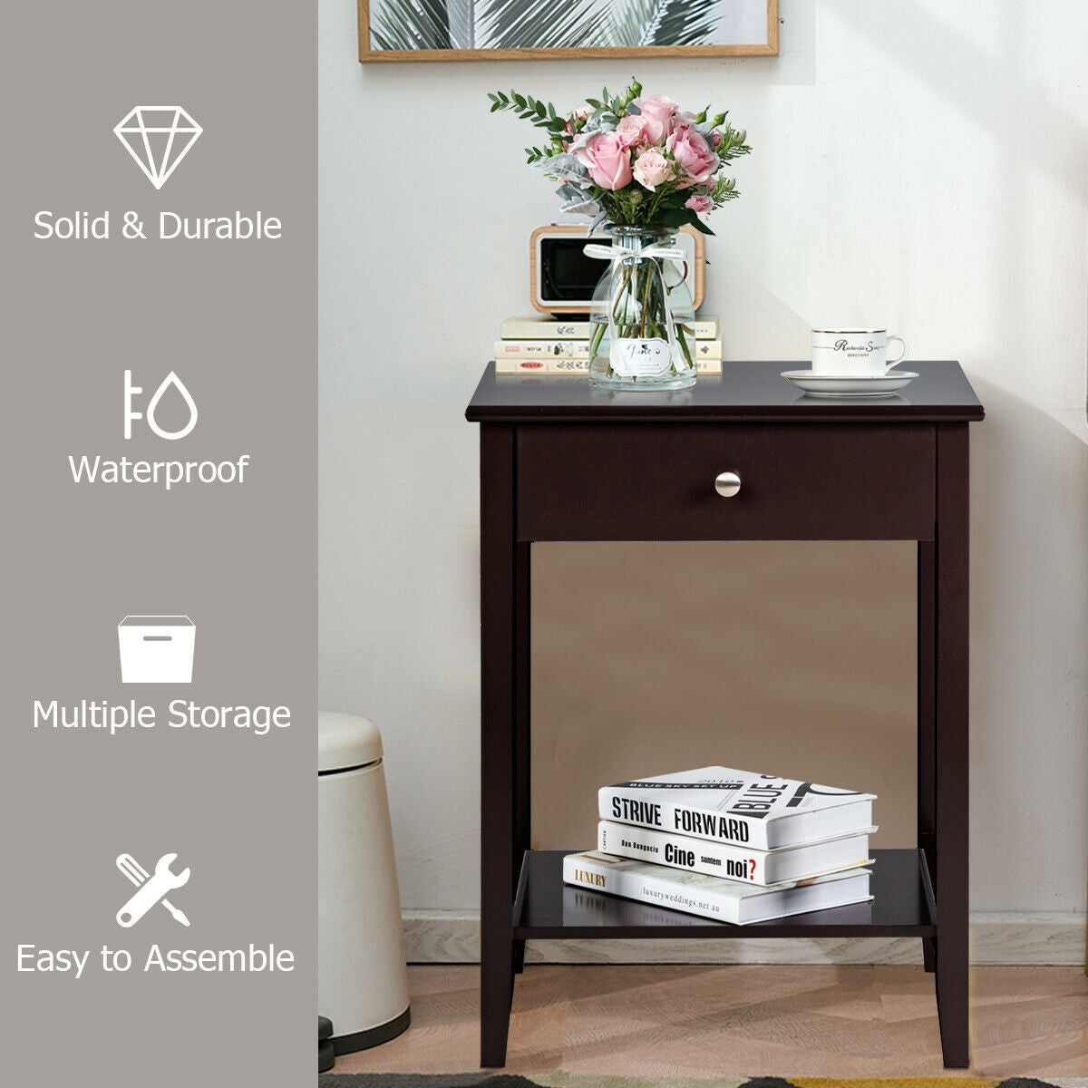 Wooden Bedside Sofa Table with Sliding Drawer-Brown-End & Side Tables-DECOROLALA