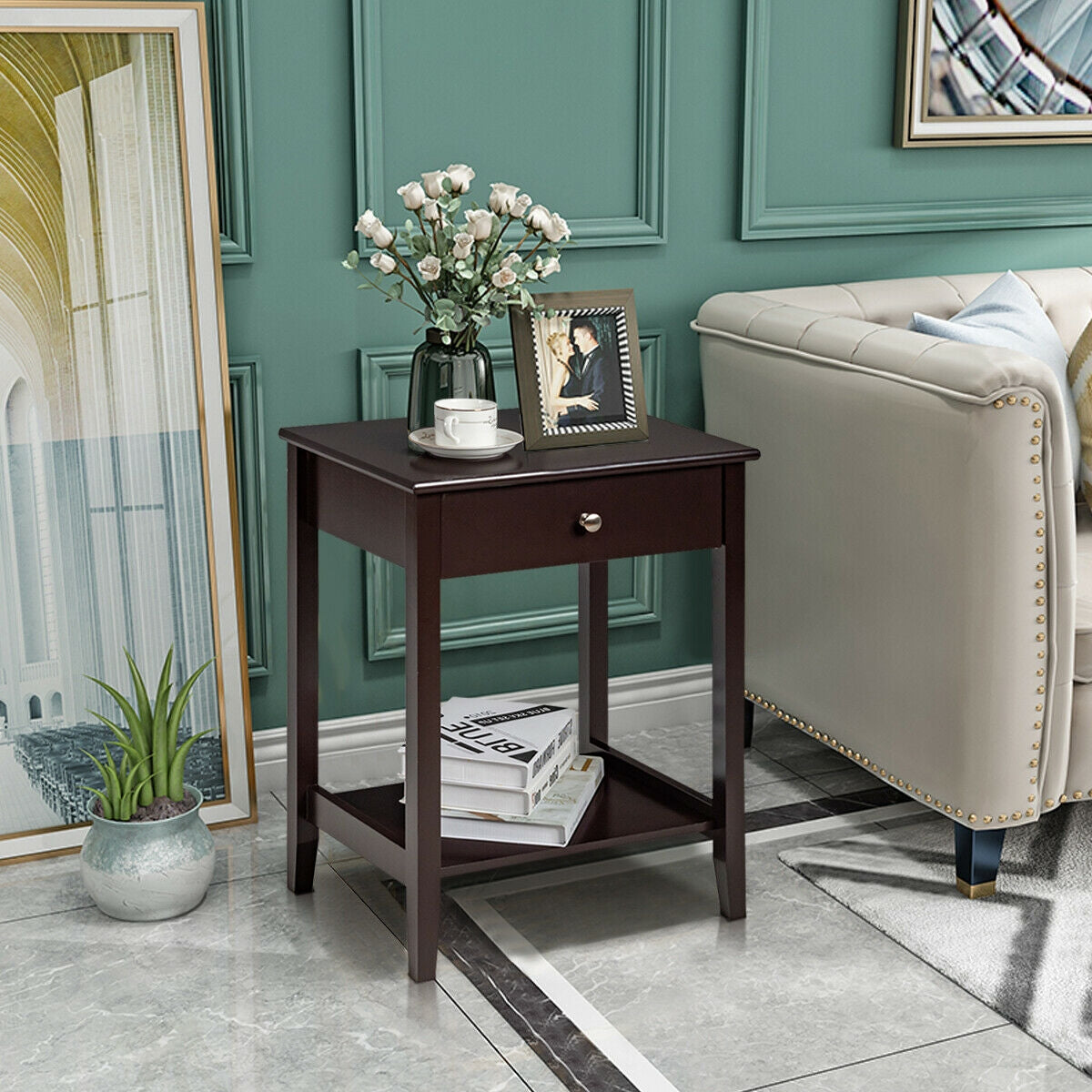 Wooden Bedside Sofa Table with Sliding Drawer-Brown-End & Side Tables-DECOROLALA