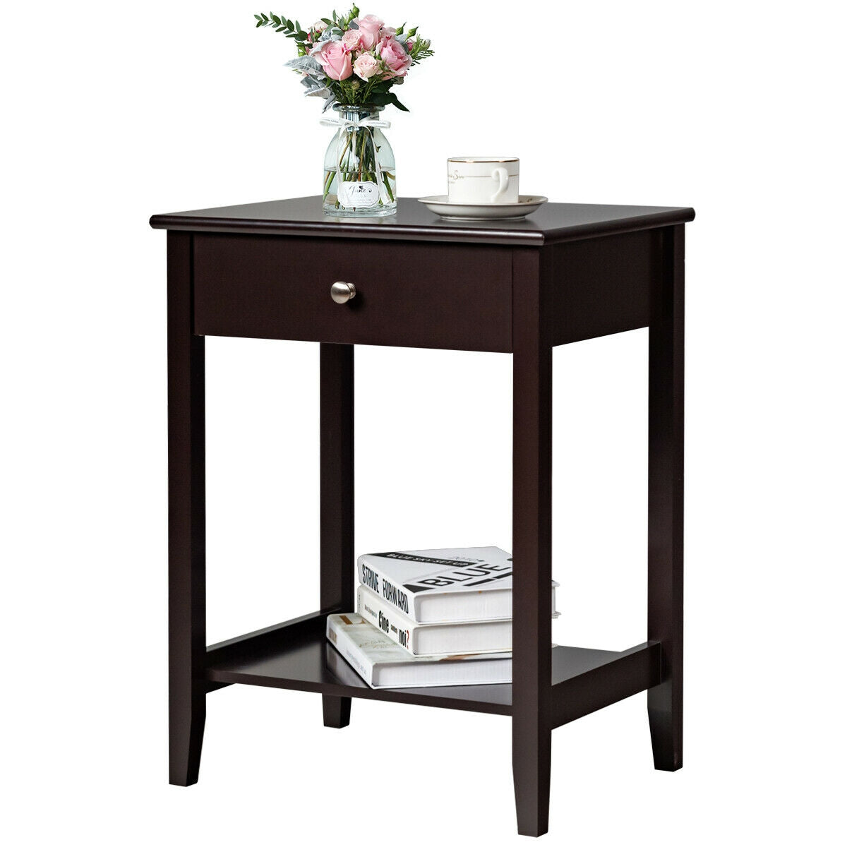 Wooden Bedside Sofa Table with Sliding Drawer-Brown-End & Side Tables-DECOROLALA