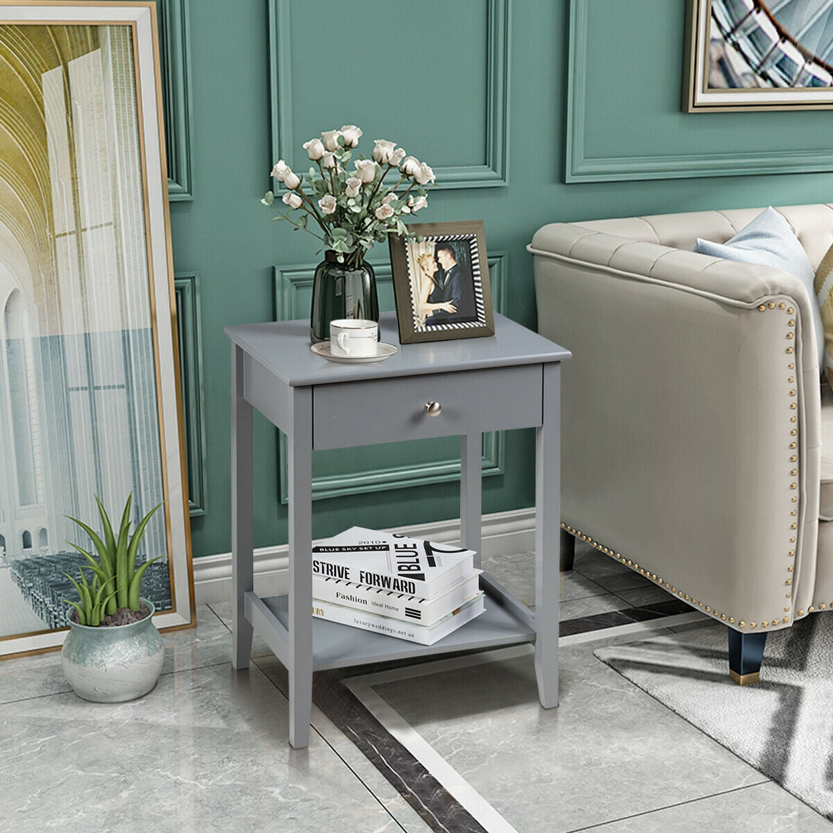 Wooden Bedside Sofa Table with Sliding Drawer-Gray-End & Side Tables-DECOROLALA
