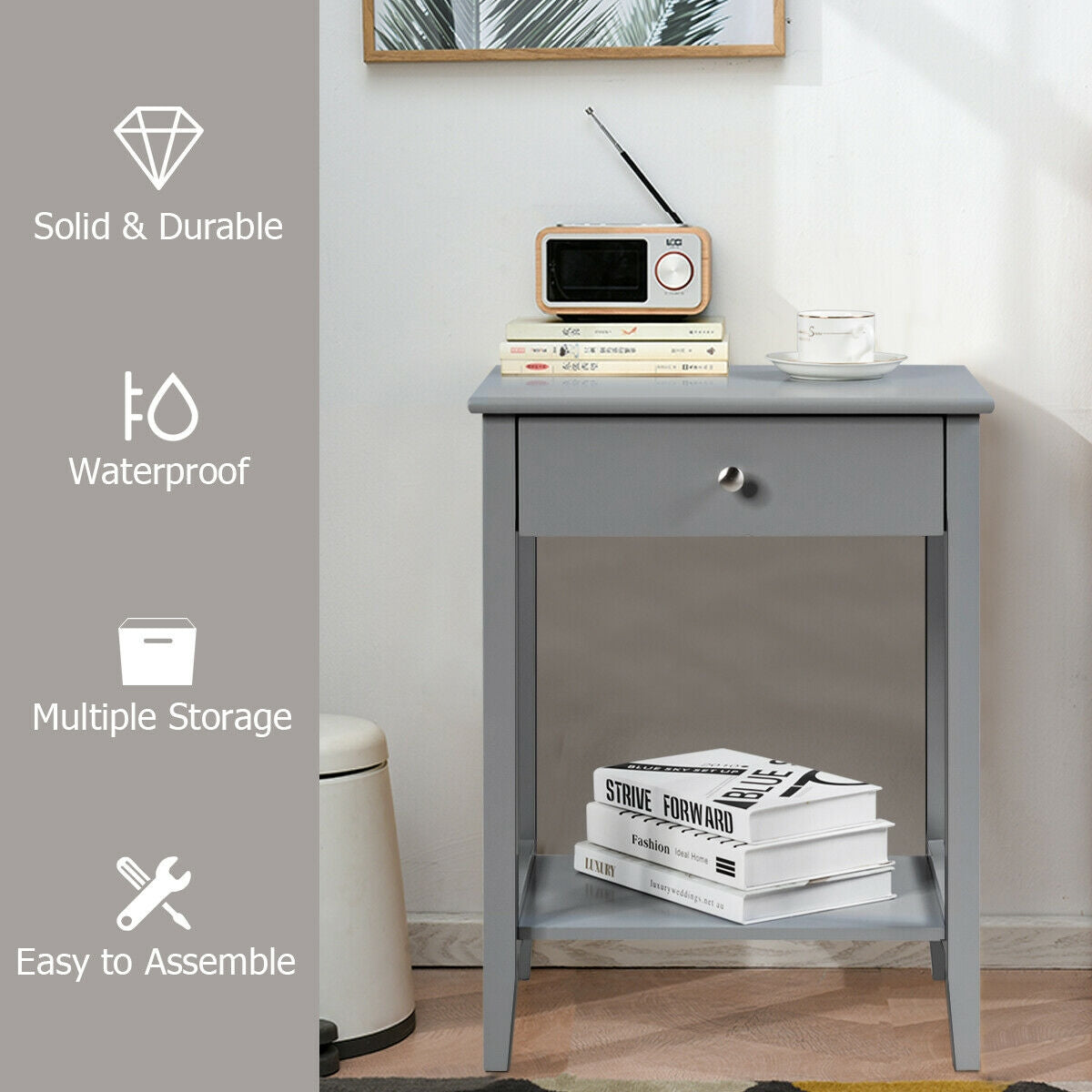 Wooden Bedside Sofa Table with Sliding Drawer-Gray-End & Side Tables-DECOROLALA
