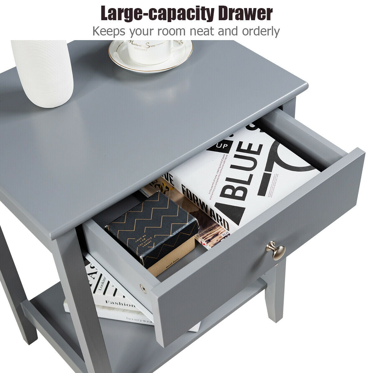 Wooden Bedside Sofa Table with Sliding Drawer-Gray-End & Side Tables-DECOROLALA