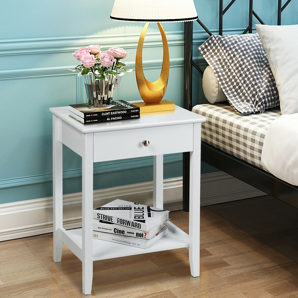 Wooden Bedside Sofa Table with Sliding Drawer-White-End & Side Tables-DECOROLALA