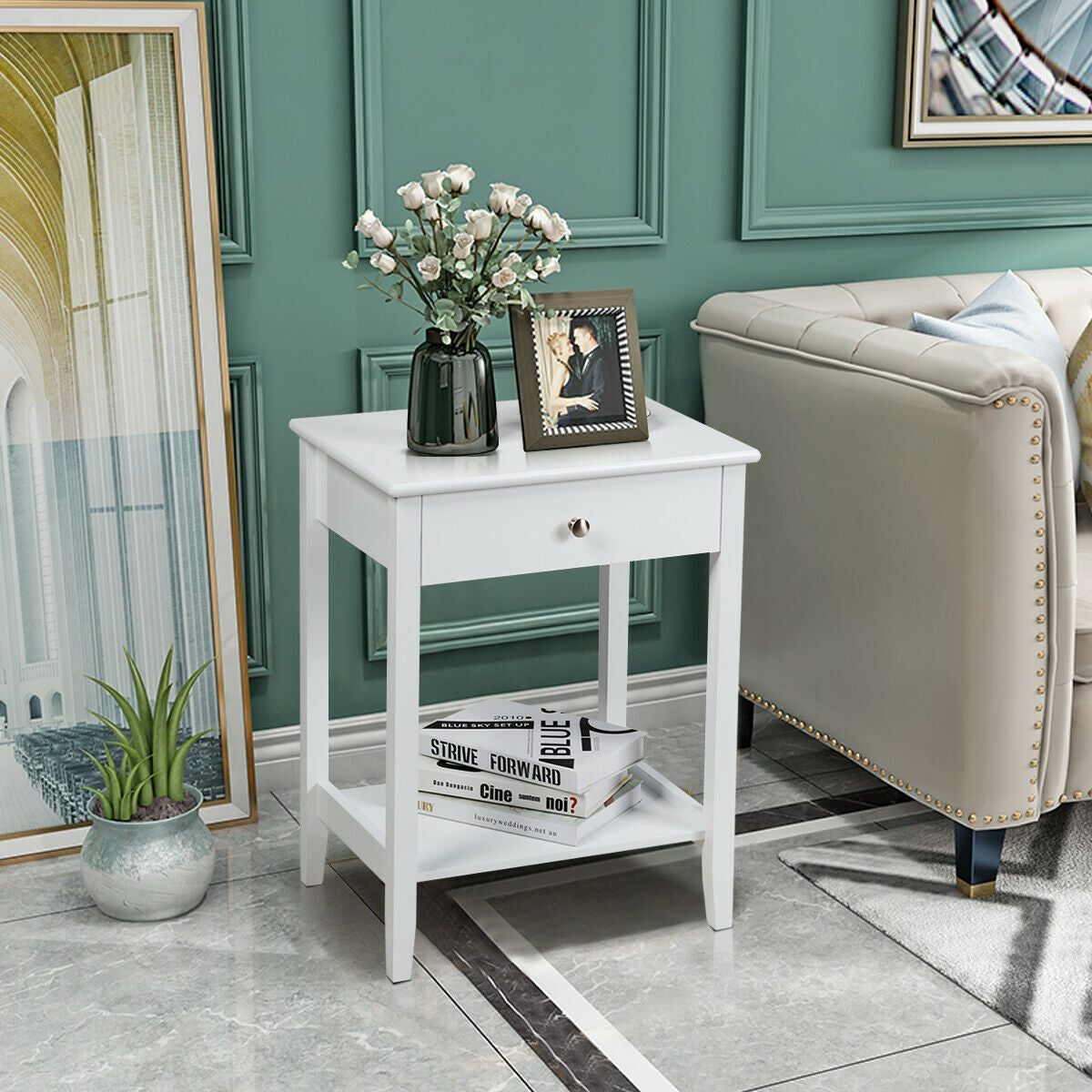 Wooden Bedside Sofa Table with Sliding Drawer-White-End & Side Tables-DECOROLALA