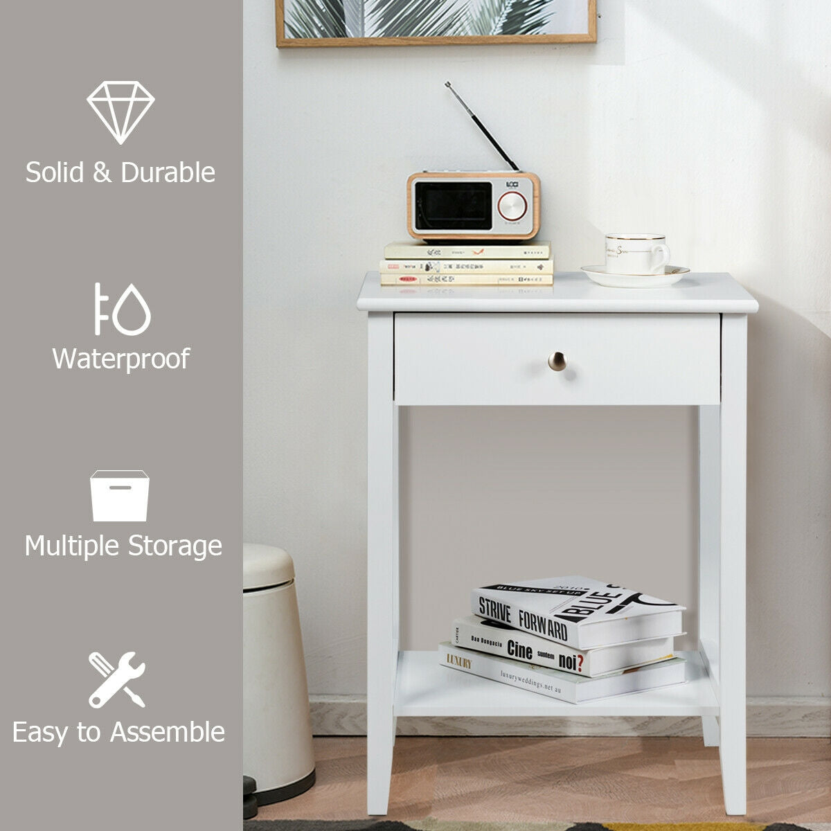 Wooden Bedside Sofa Table with Sliding Drawer-White-End & Side Tables-DECOROLALA
