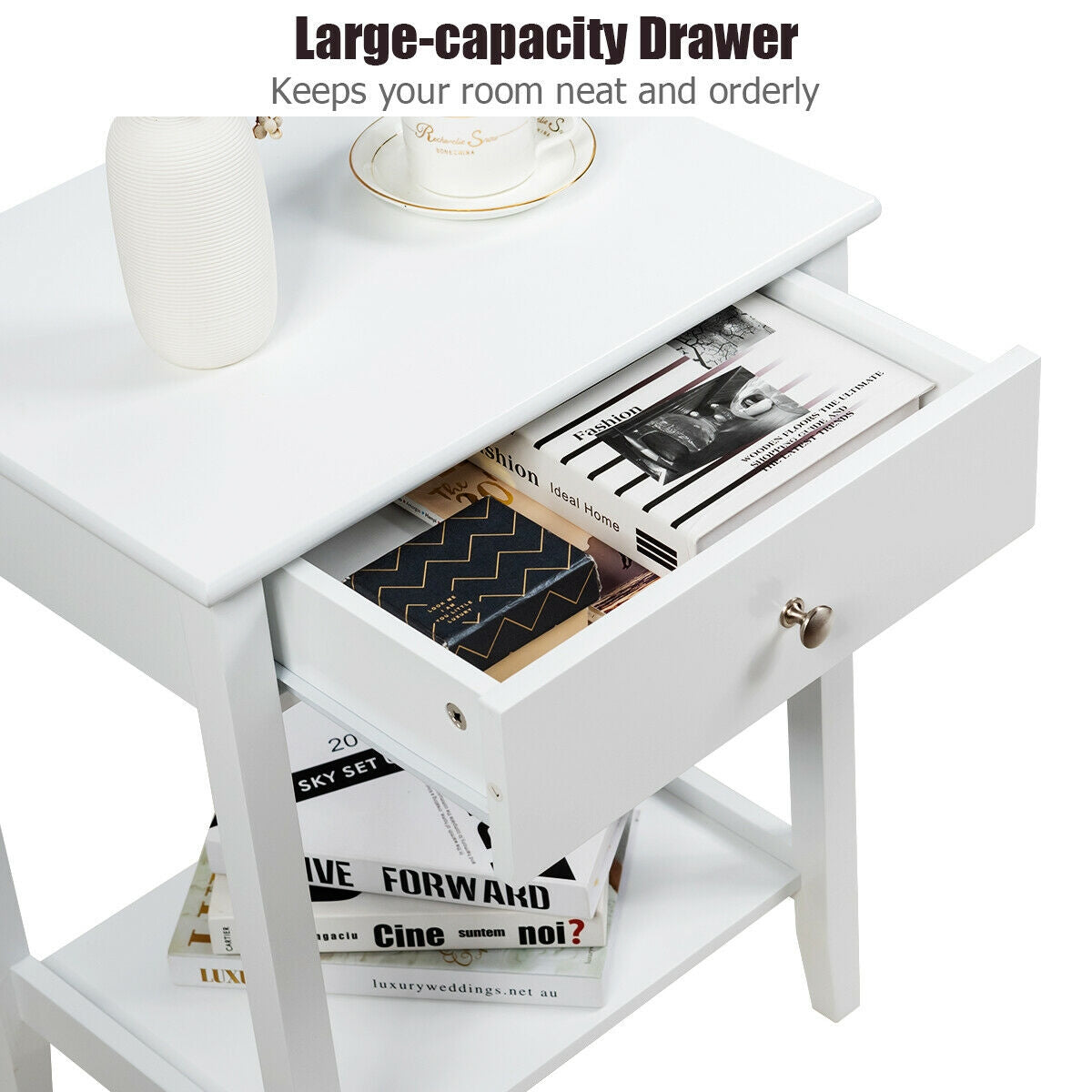 Wooden Bedside Sofa Table with Sliding Drawer-White-End & Side Tables-DECOROLALA