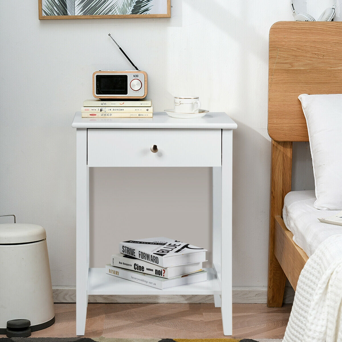 Wooden Bedside Sofa Table with Sliding Drawer-White-End & Side Tables-DECOROLALA