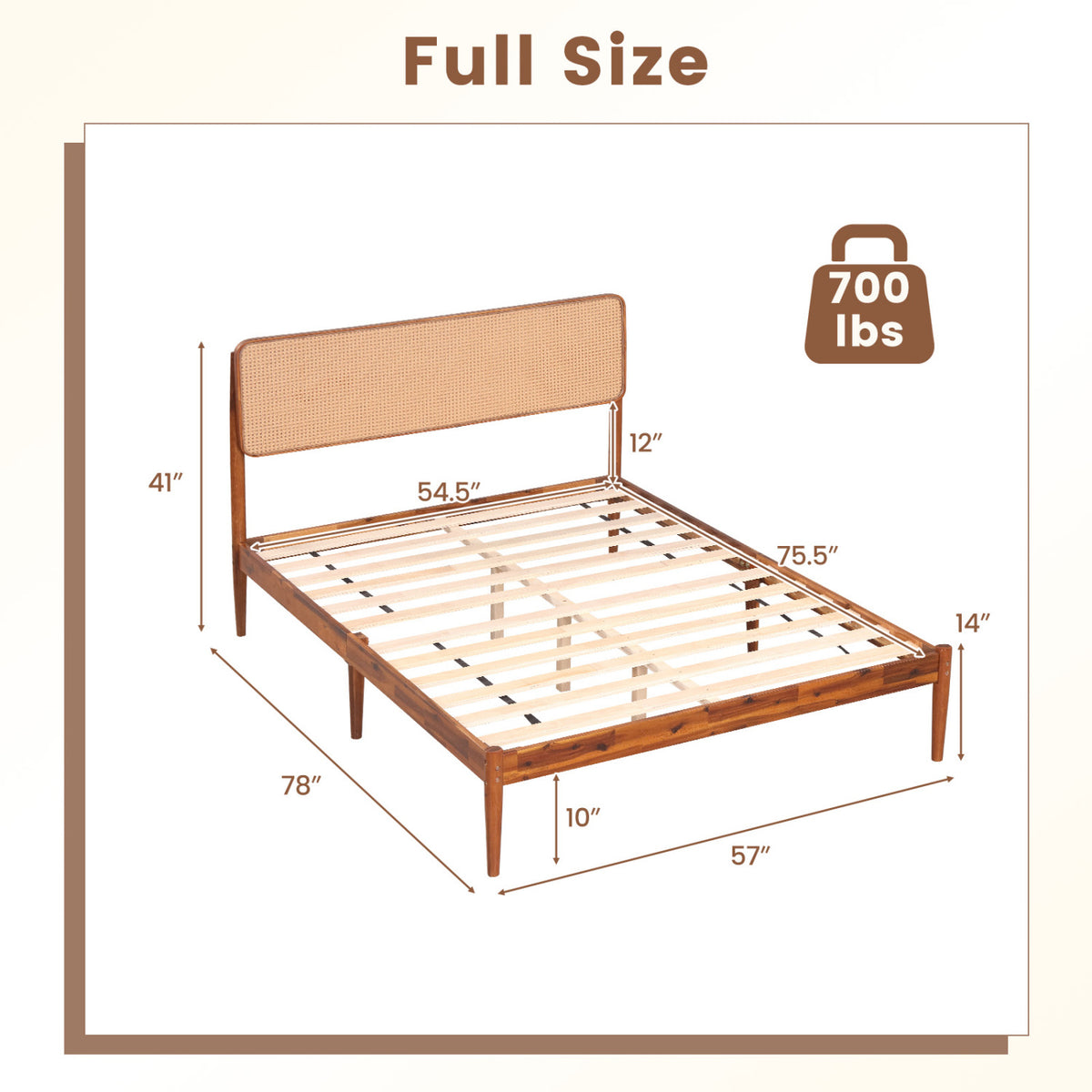 Wooden Boho Rattan Brown Bed Frame with Wooden Slat Support-Simple Bed Frame-DECOROLALA