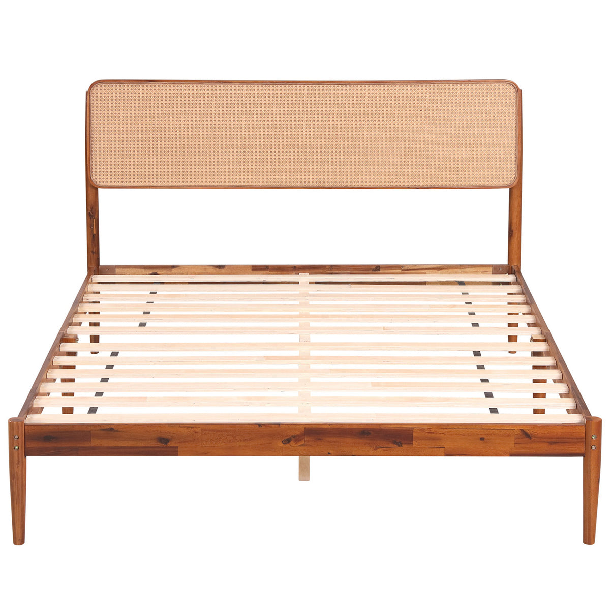 Wooden Boho Rattan Brown Bed Frame with Wooden Slat Support-Simple Bed Frame-DECOROLALA