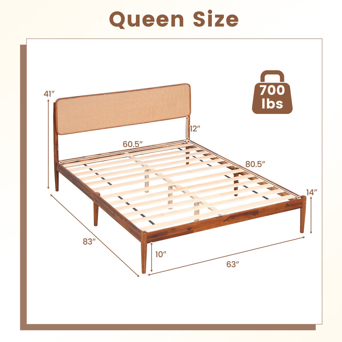 Wooden Boho Rattan Brown Bed Frame with Wooden Slat Support-Simple Bed Frame-DECOROLALA