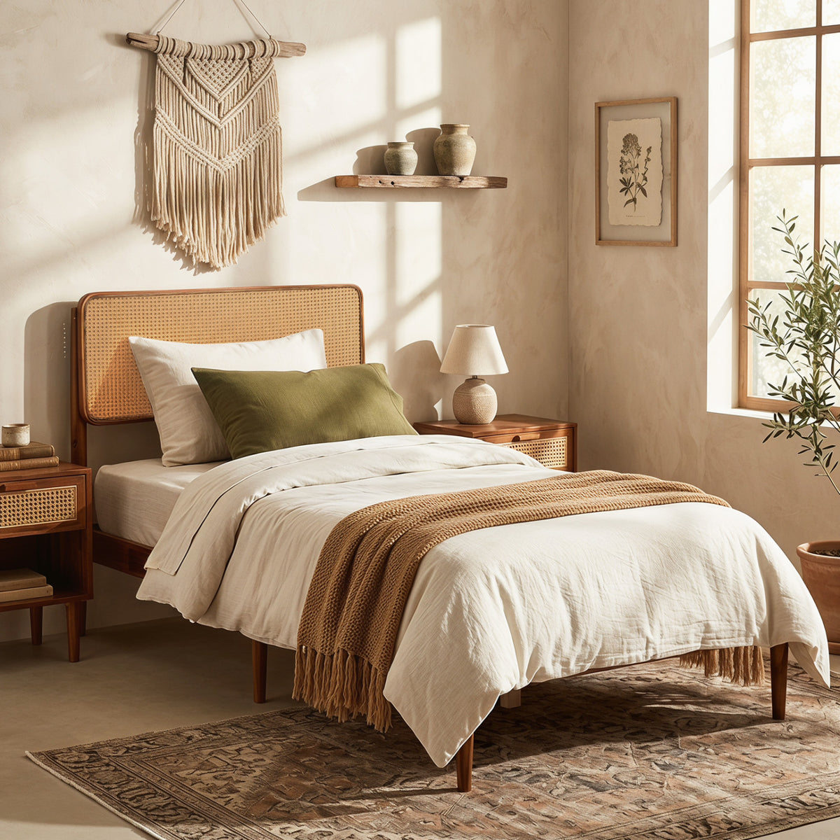 Wooden Boho Rattan Brown Bed Frame with Wooden Slat Support-Simple Bed Frame-DECOROLALA