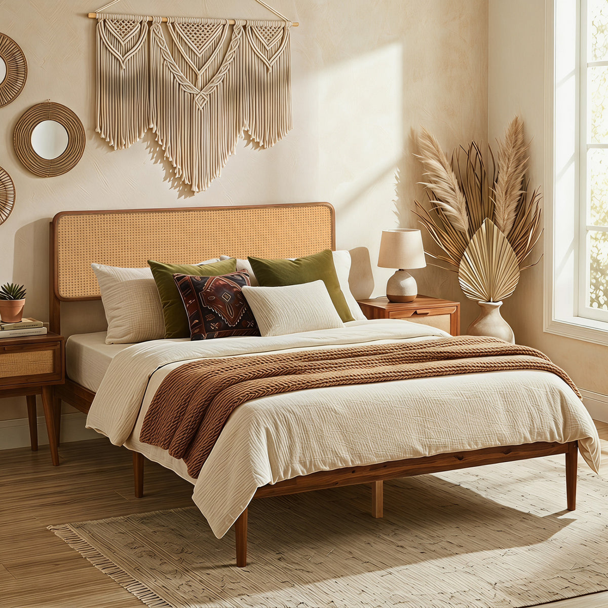 Wooden Boho Rattan Brown Bed Frame with Wooden Slat Support-Simple Bed Frame-DECOROLALA