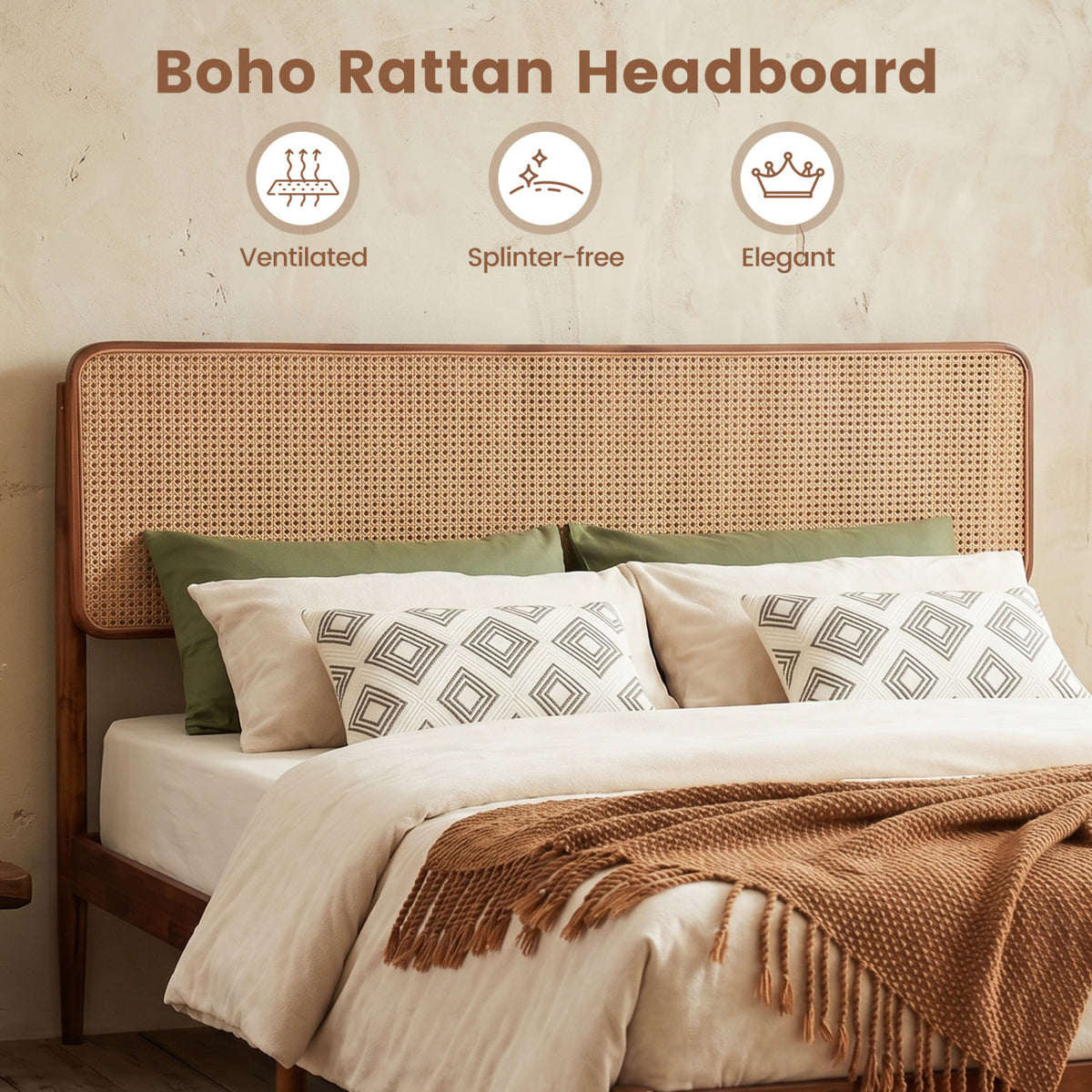 Wooden Boho Rattan Brown Bed Frame with Wooden Slat Support-Simple Bed Frame-DECOROLALA