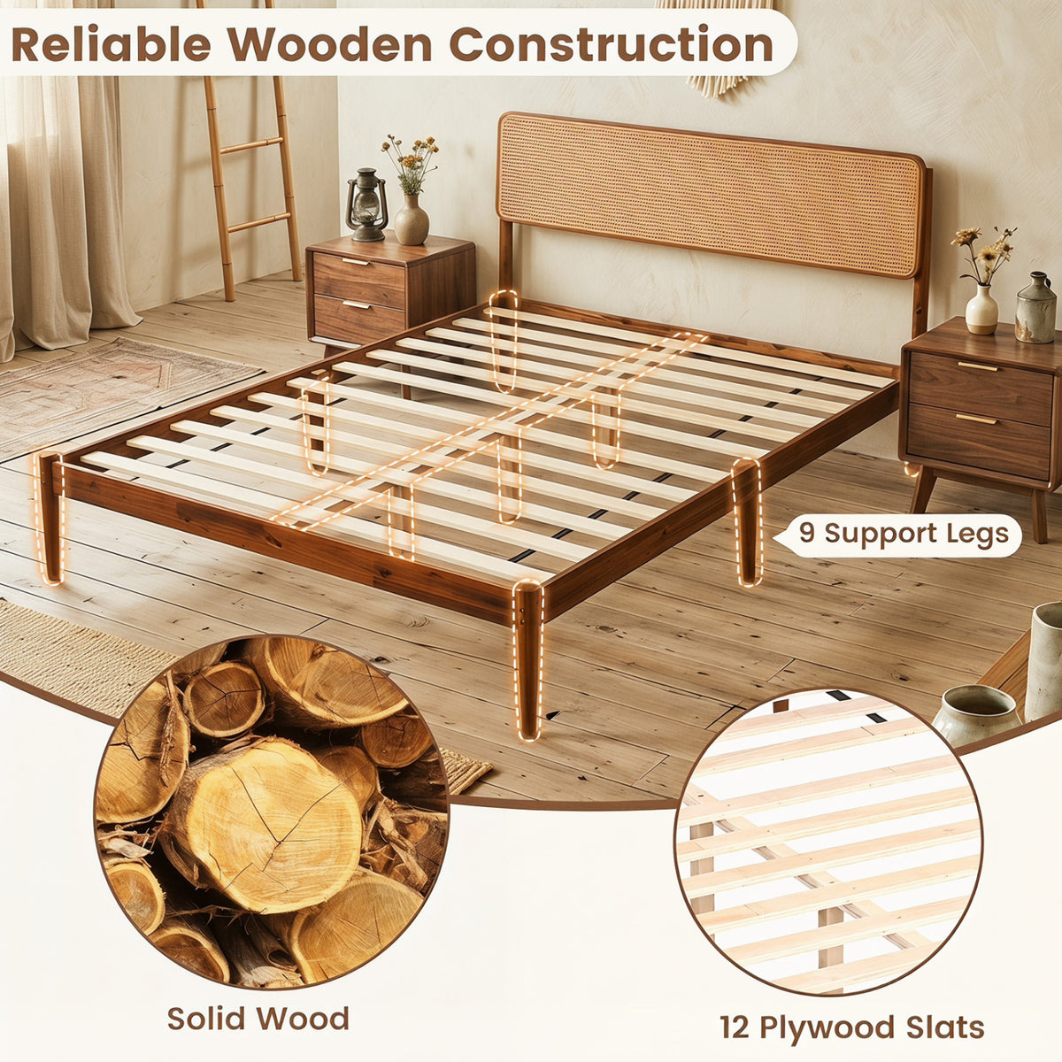 Wooden Boho Rattan Brown Bed Frame with Wooden Slat Support-Simple Bed Frame-DECOROLALA