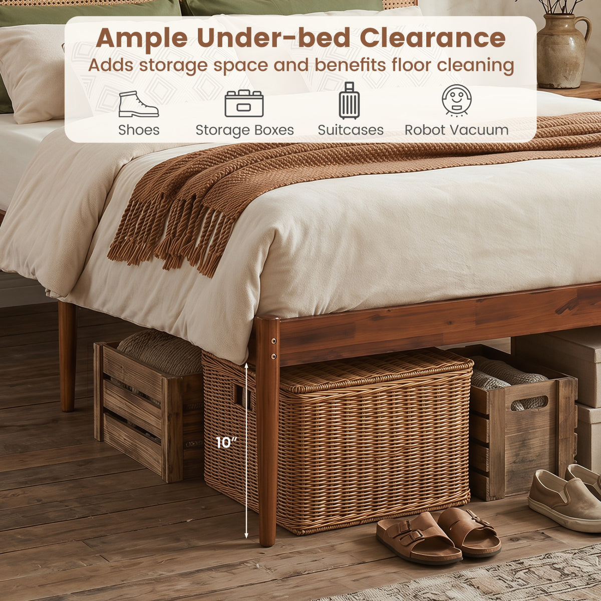 Wooden Boho Rattan Brown Bed Frame with Wooden Slat Support-Simple Bed Frame-DECOROLALA