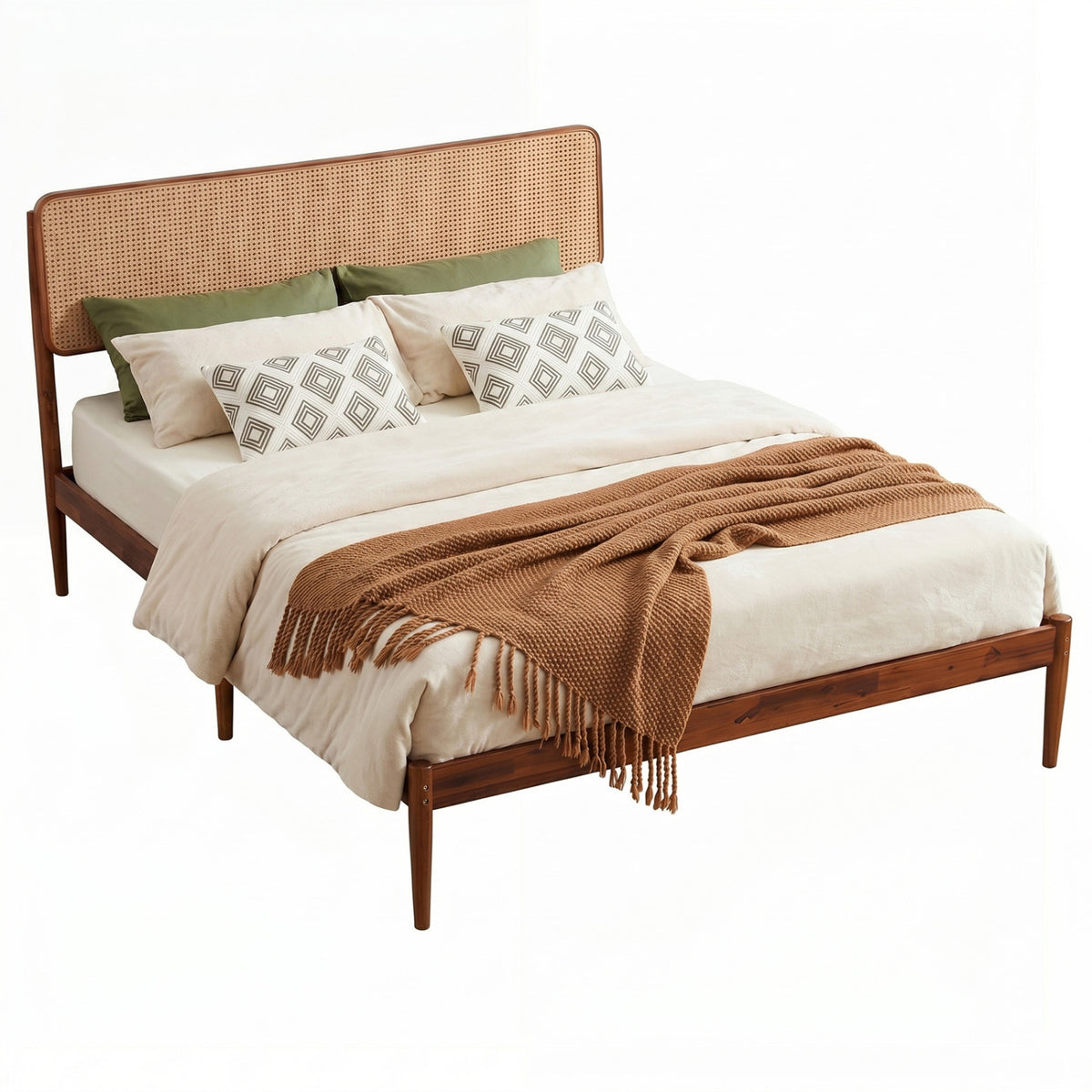 Wooden Boho Rattan Brown Bed Frame with Wooden Slat Support-Simple Bed Frame-DECOROLALA