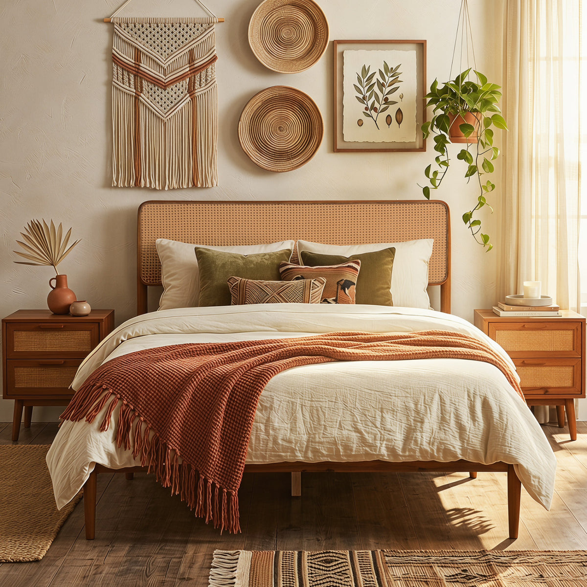 Wooden Boho Rattan Brown Bed Frame with Wooden Slat Support-Simple Bed Frame-DECOROLALA