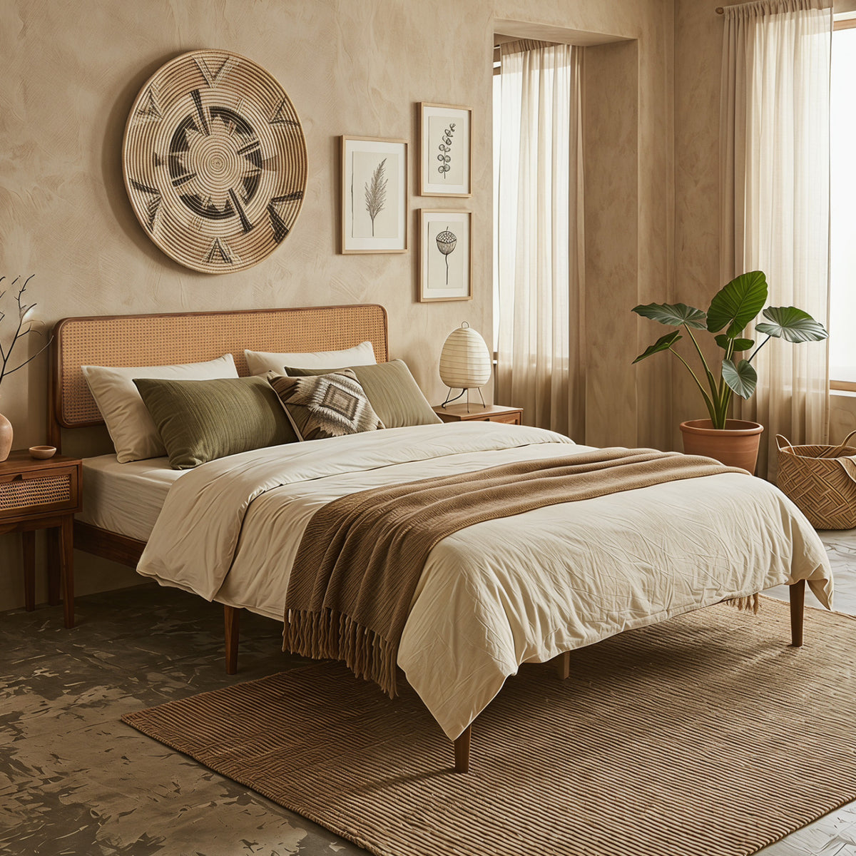 Wooden Boho Rattan Brown Bed Frame with Wooden Slat Support-Simple Bed Frame-DECOROLALA