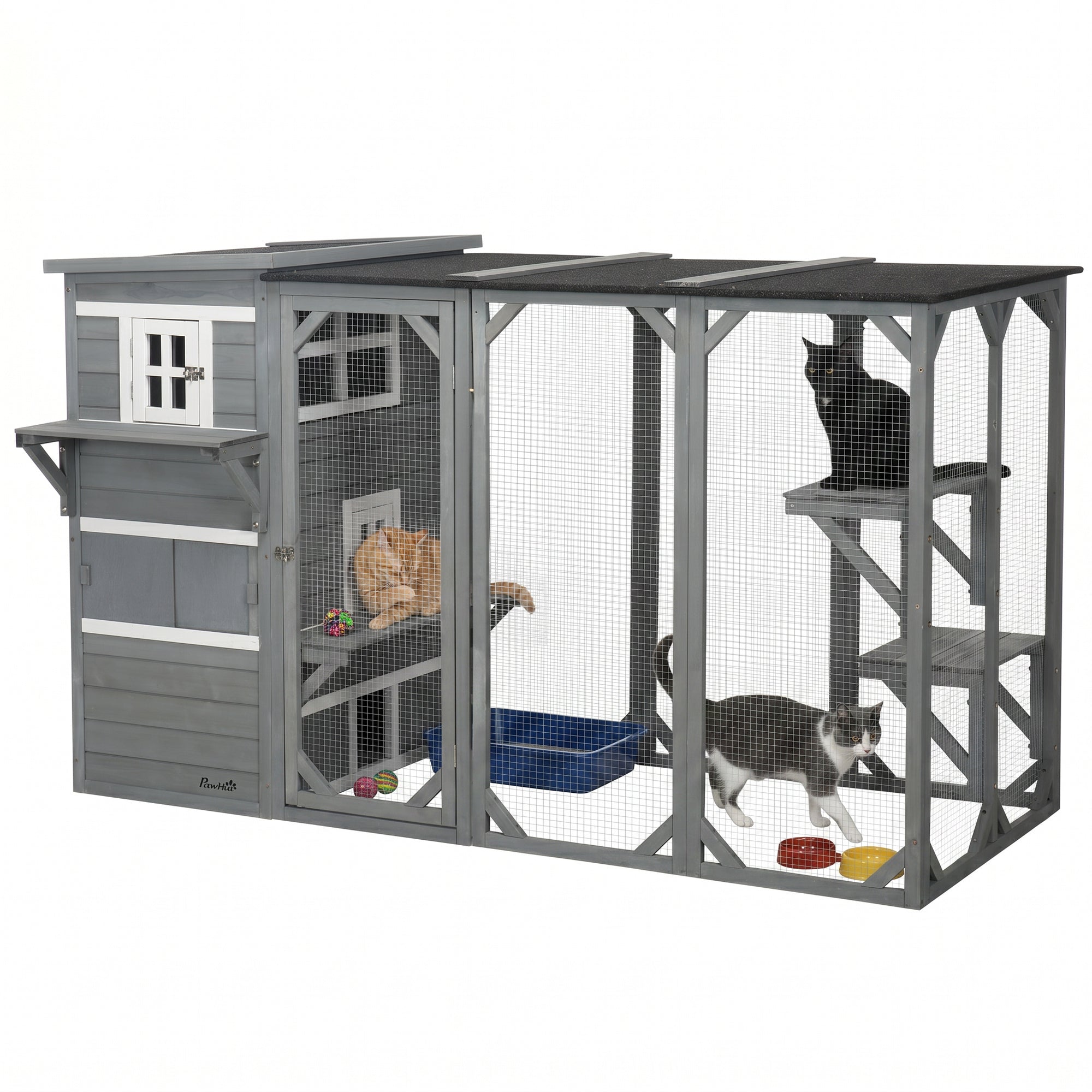 Wooden Cat Catio, 76"L Walk in Outdoor Cat House with Asphalt Roof, Platforms, Lockable Doors, 3-tier Resting Condo, Observation Window, for 2-3 Cats, Light Grey-Cats-DECOROLALA