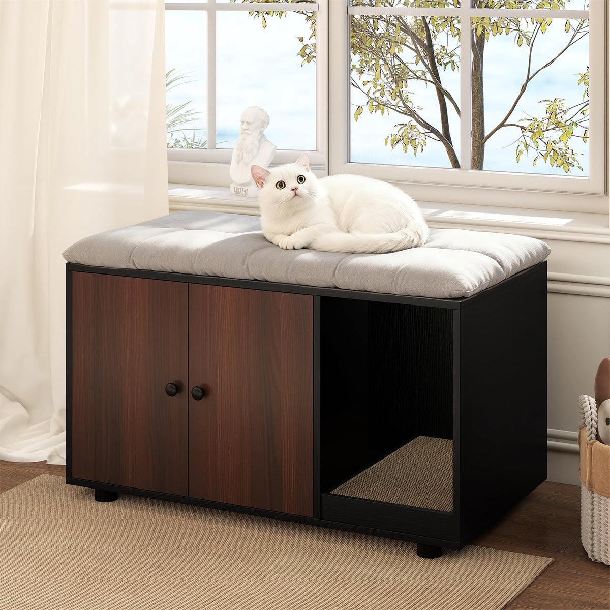 Wooden Cat Litter Box Enclosure Hidden Litter Box Furniture with Scratching Board-Black-Cat Houses-DECOROLALA