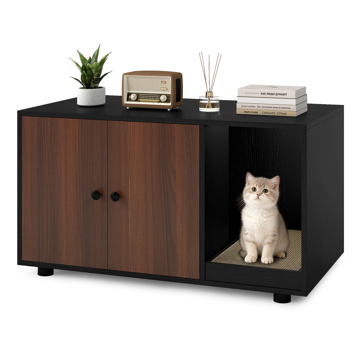 Wooden Cat Litter Box Enclosure Hidden Litter Box Furniture with Scratching Board-Black-Cat Houses-DECOROLALA