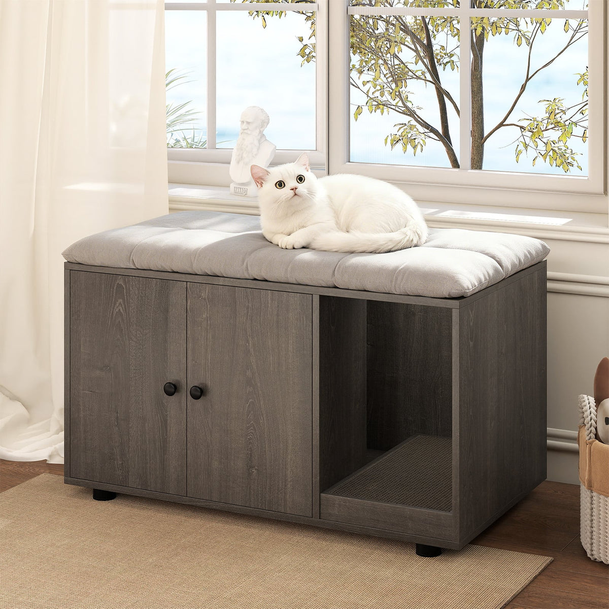Wooden Cat Litter Box Enclosure Hidden Litter Box Furniture with Scratching Board-Oak-Cat Houses-DECOROLALA