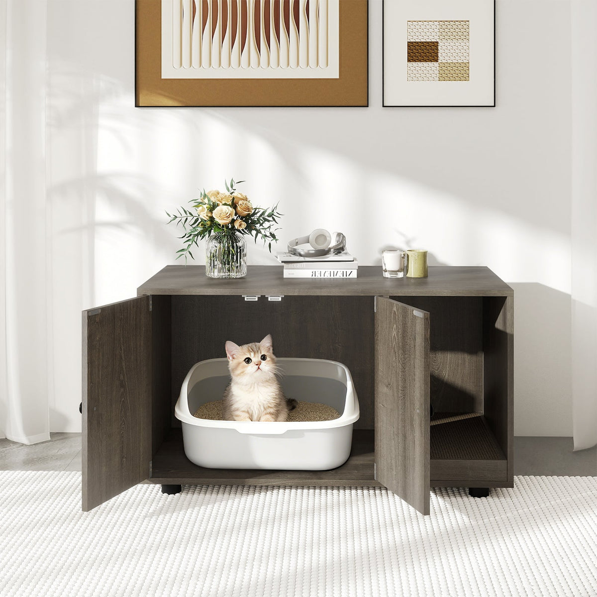 Wooden Cat Litter Box Enclosure Hidden Litter Box Furniture with Scratching Board-Oak-Cat Houses-DECOROLALA
