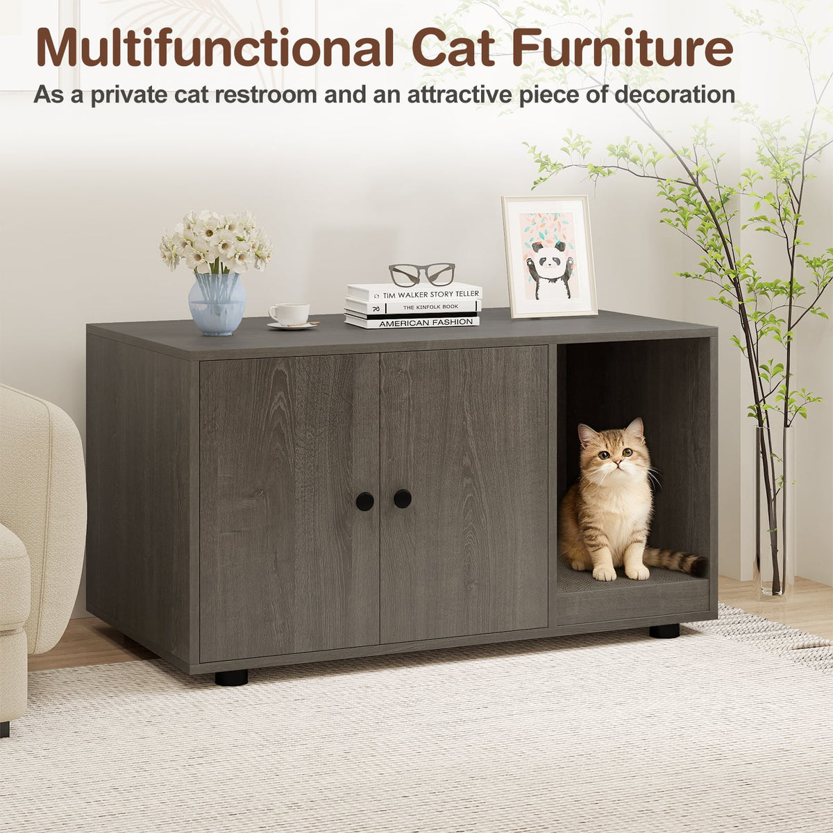 Wooden Cat Litter Box Enclosure Hidden Litter Box Furniture with Scratching Board-Oak-Cat Houses-DECOROLALA