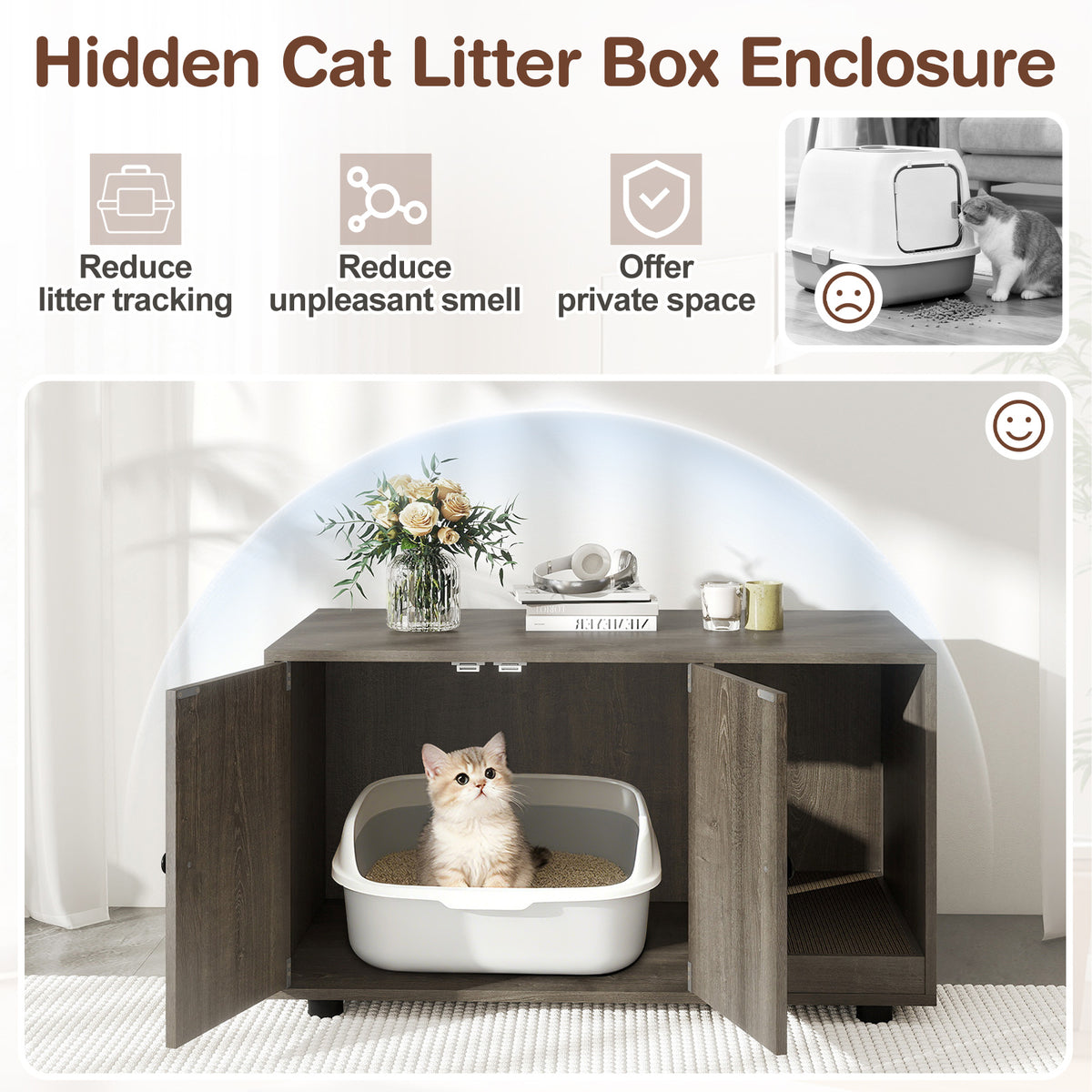 Wooden Cat Litter Box Enclosure Hidden Litter Box Furniture with Scratching Board-Oak-Cat Houses-DECOROLALA