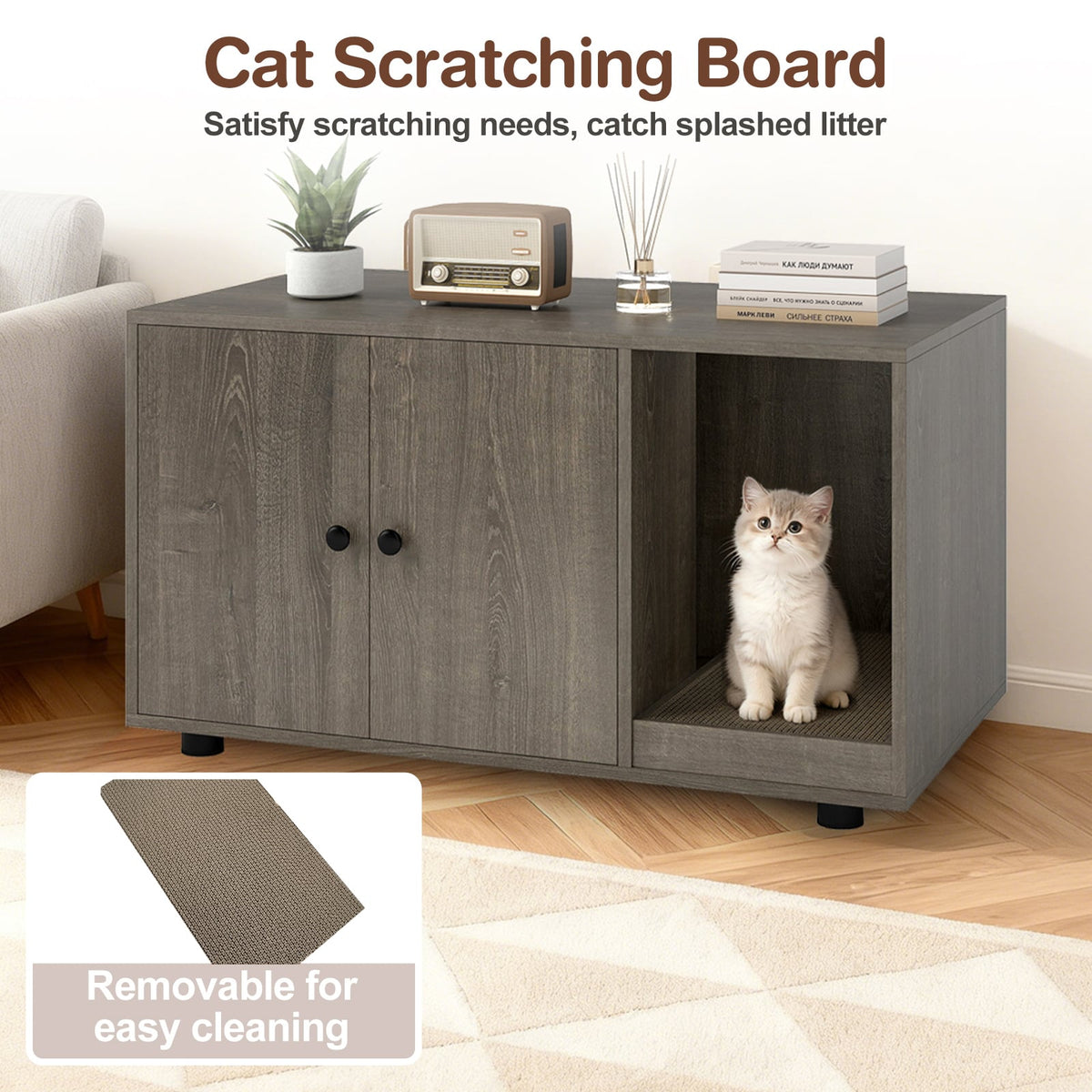 Wooden Cat Litter Box Enclosure Hidden Litter Box Furniture with Scratching Board-Oak-Cat Houses-DECOROLALA