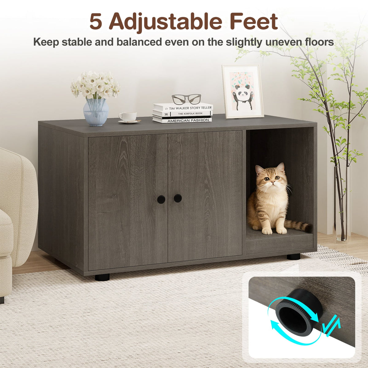 Wooden Cat Litter Box Enclosure Hidden Litter Box Furniture with Scratching Board-Oak-Cat Houses-DECOROLALA