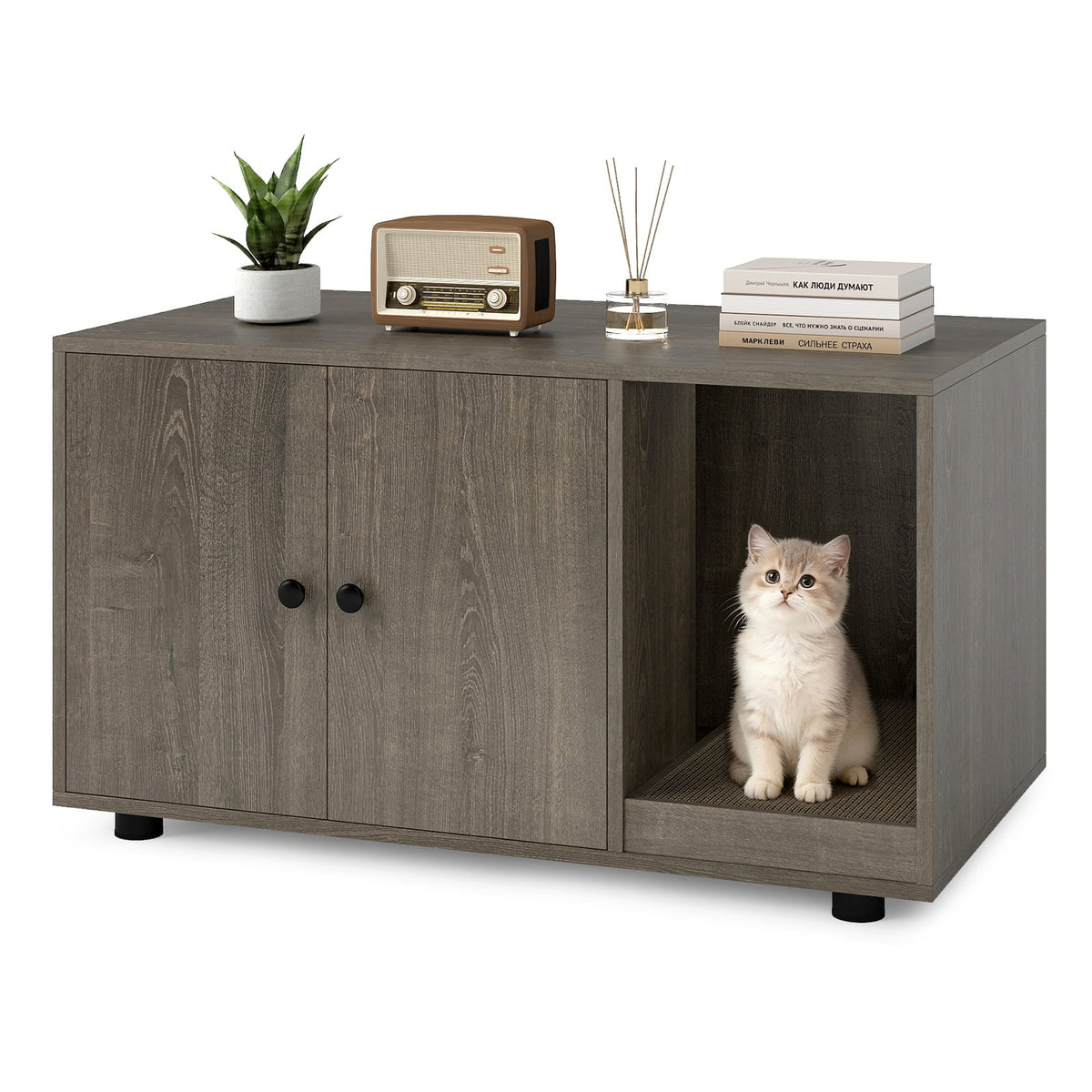 Wooden Cat Litter Box Enclosure Hidden Litter Box Furniture with Scratching Board-Oak-Cat Houses-DECOROLALA