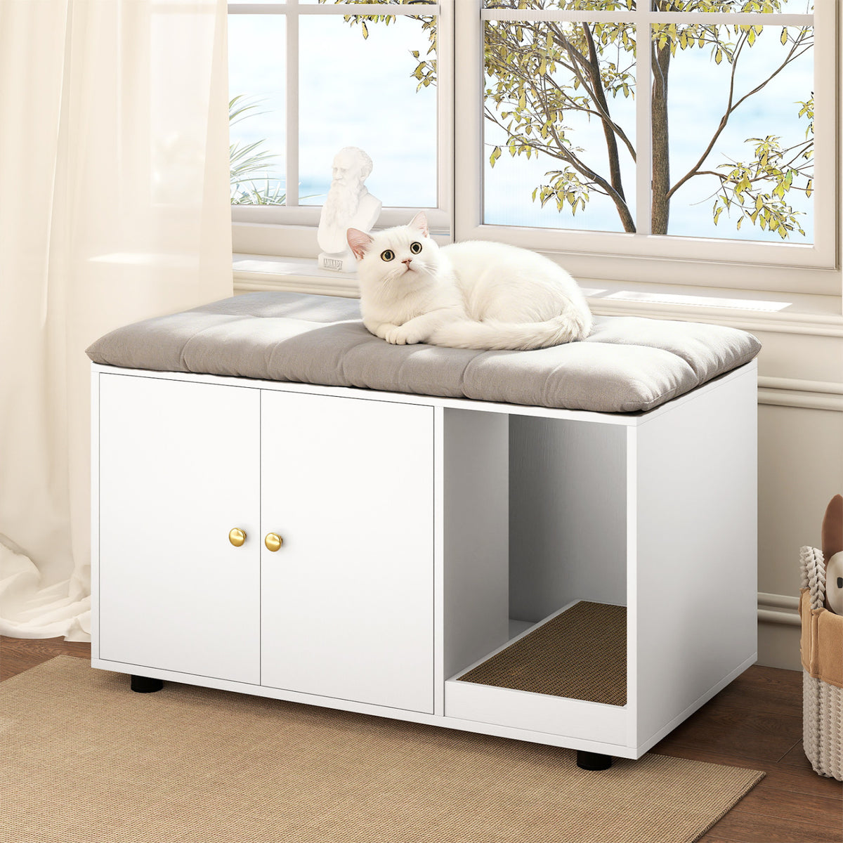 Wooden Cat Litter Box Enclosure Hidden Litter Box Furniture with Scratching Board-White-Cat Houses-DECOROLALA