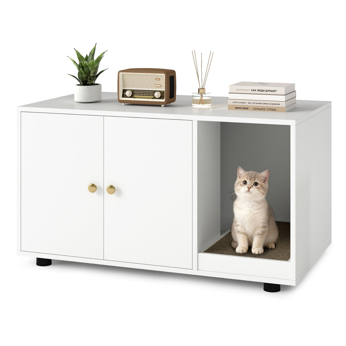 Wooden Cat Litter Box Enclosure Hidden Litter Box Furniture with Scratching Board-White-Cat Houses-DECOROLALA